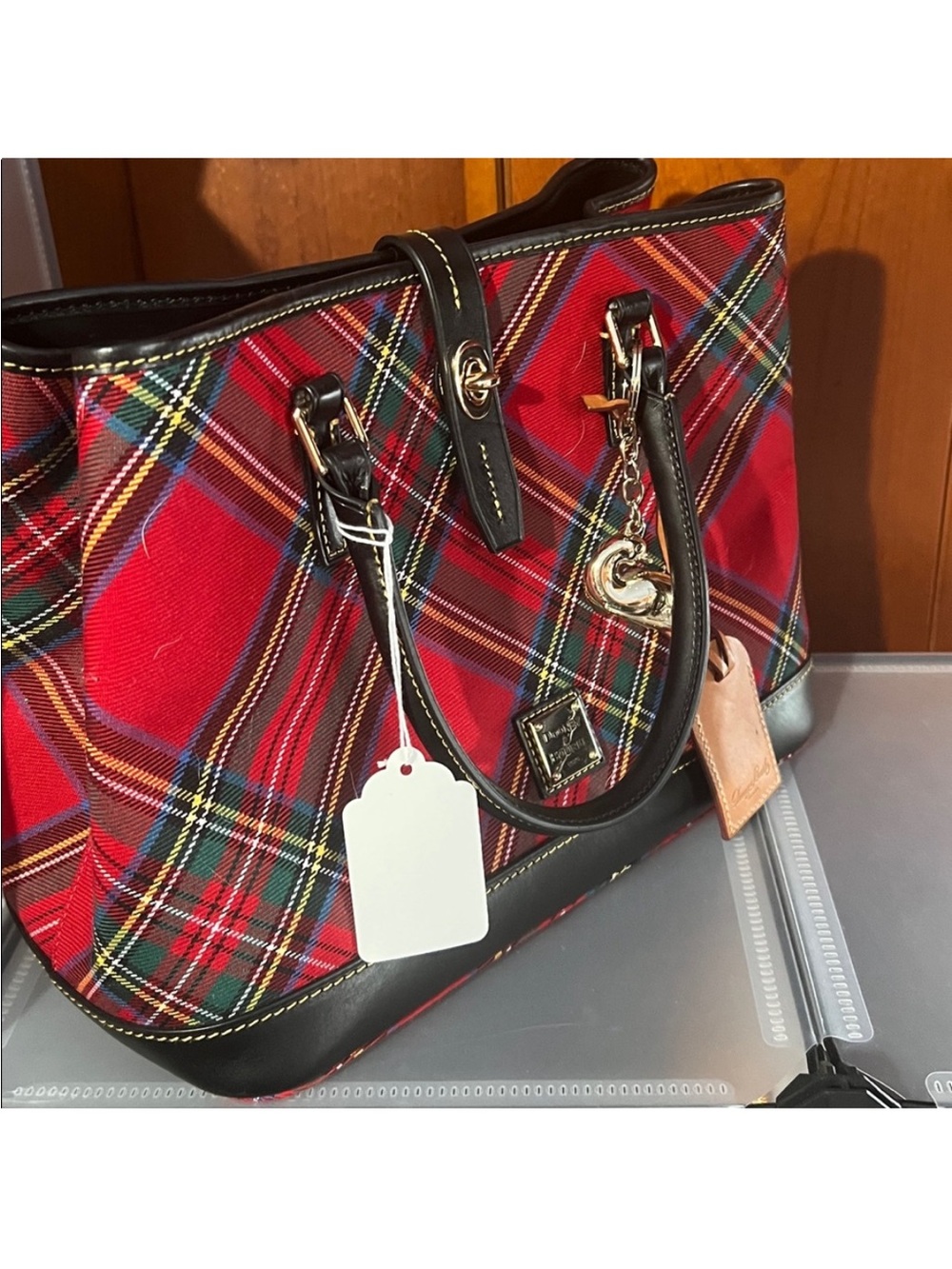Dooney & Bourke Red Tartan Plaid Tote with Black Trim
